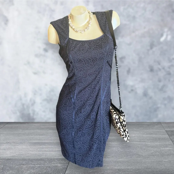 Vintage Cache Floral Lace Navy Blue Midi Dress, Size Medium 8 - Picture 1 of 6